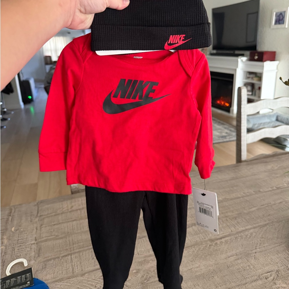 Nike Red Top with Black Logo & Black Ribbed Leggings